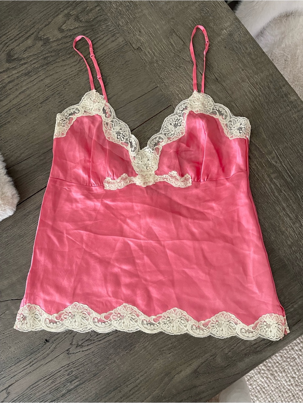 Y2K Vintage Marciano Pink Silk Camisole w/Cream Lace Trim Top Small